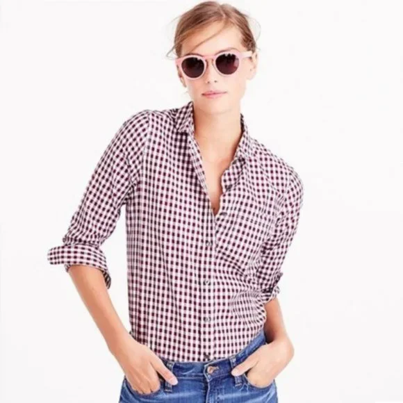 burgundy gingham dress shirt Men's White and Oxblood Gingham Long Sleeve Dress Shirt, Stain Repellent, Wrinkle Resistant